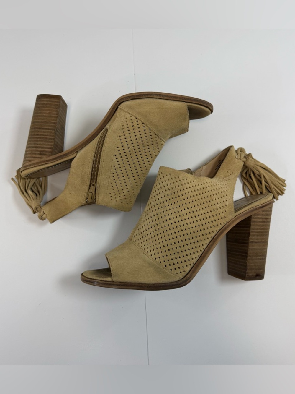 Gianni Bini Tan Suede Perforated Peep-Toe Block Heel Sandals